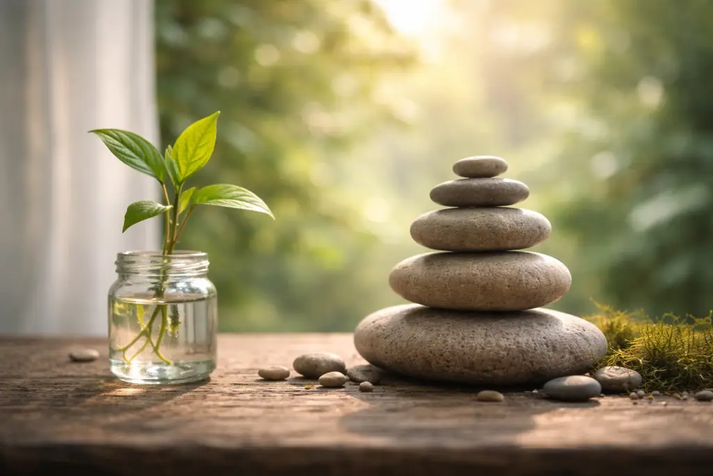 Stacked stones beside a small plant in water, illustrating how sensitivity needs structure and stability to support nervous system capacity.