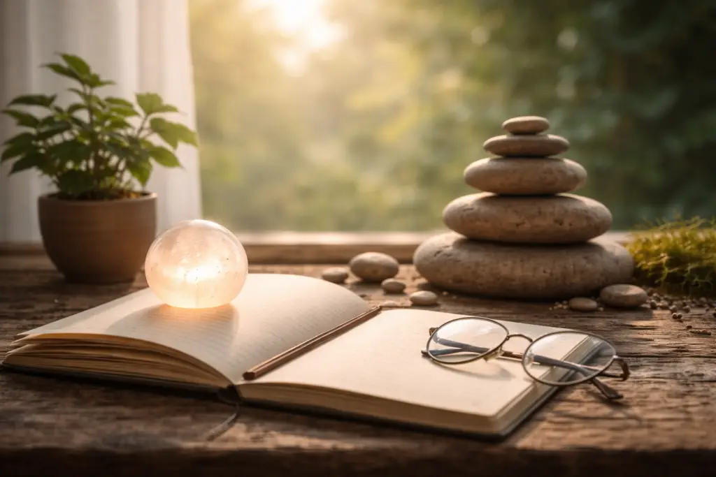An open journal with stacked stones and soft morning light, illustrating the contrast between insight vs stability and how understanding settles through steadiness.